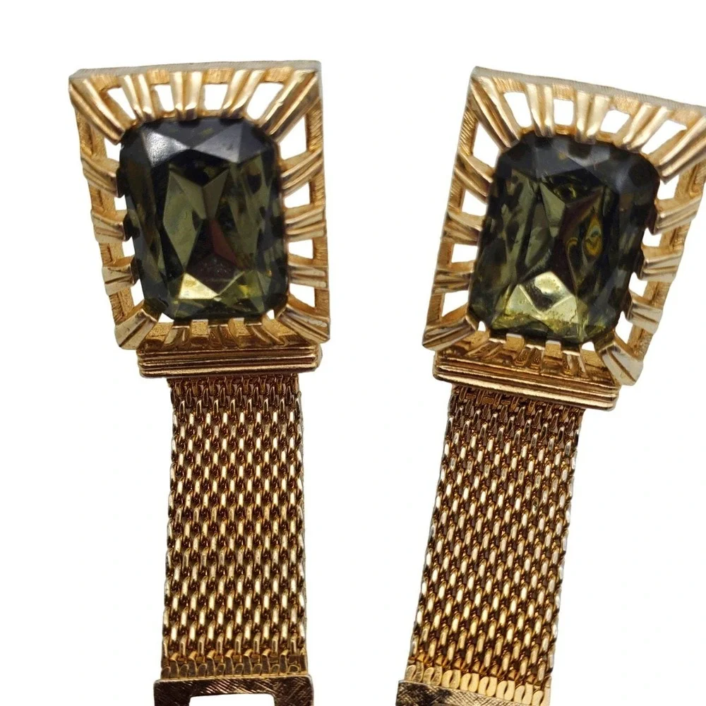 Swank Green Glass Cufflinks Gold Tone Mesh Wrap Stone Retro MCM Large Menswear